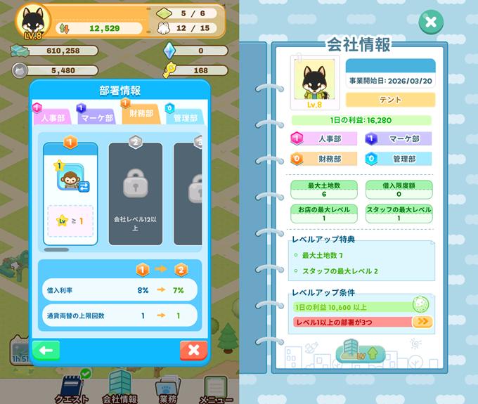 ビズタウン：会社経営ゲームの会社情報画面